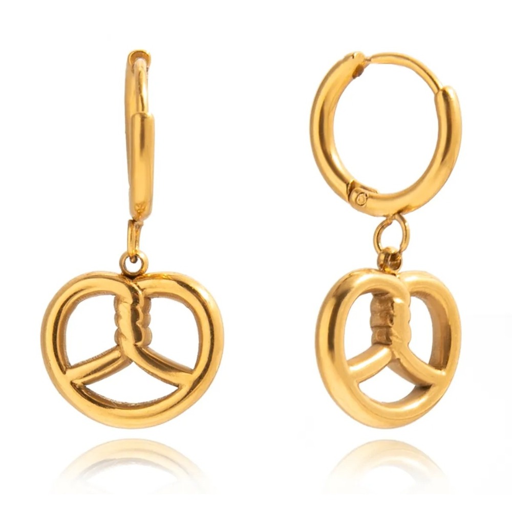Gold Pretzel Huggie Hoop Earrings 14K Gold Plated Stainless Steel Food Jewelry